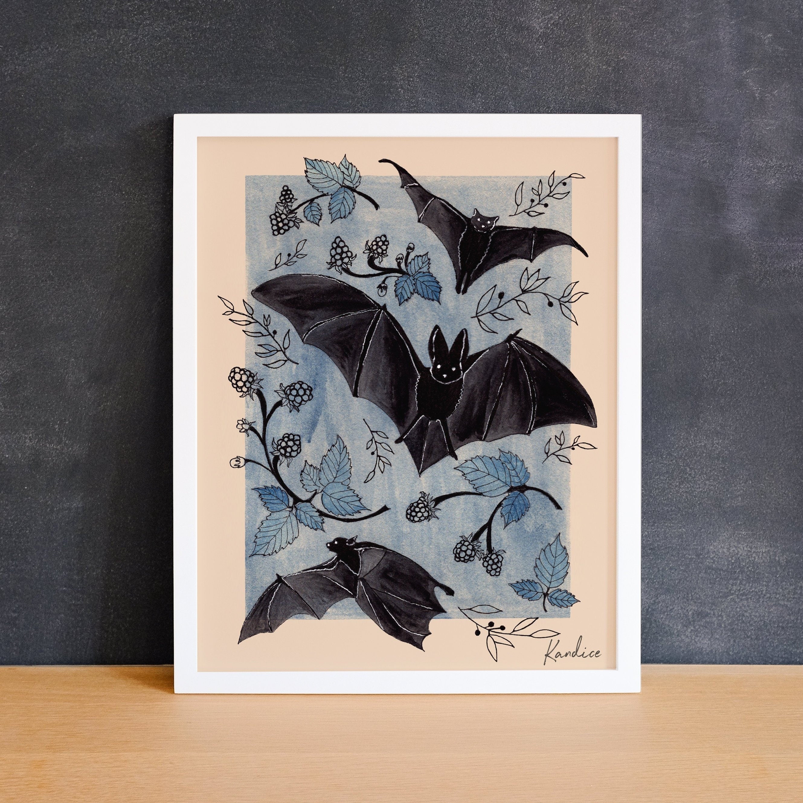 Detail of ink linework and watercolor texture on Blackberry Bats print