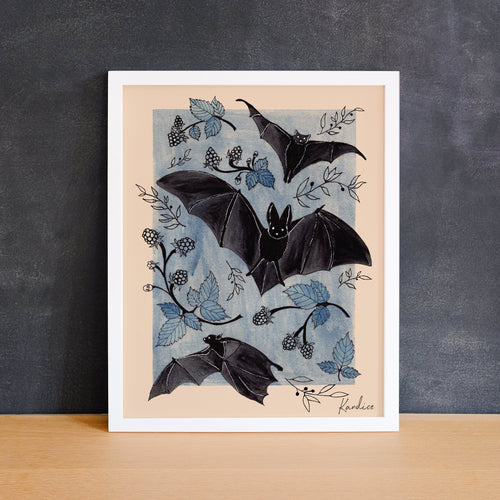 Detail of ink linework and watercolor texture on Blackberry Bats print