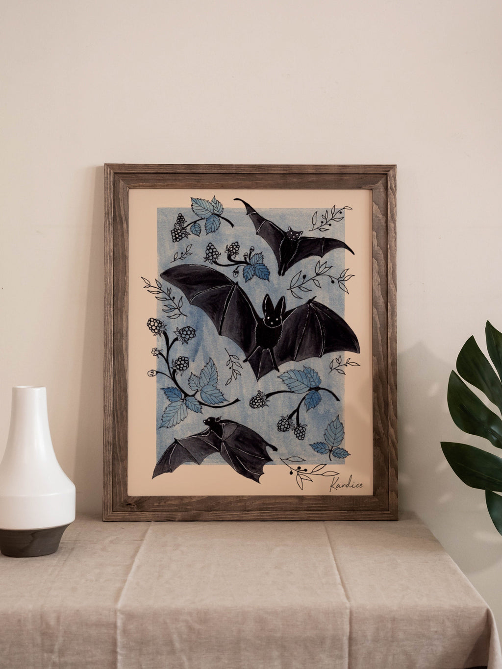 Detail of ink linework and watercolor texture on Blackberry Bats print