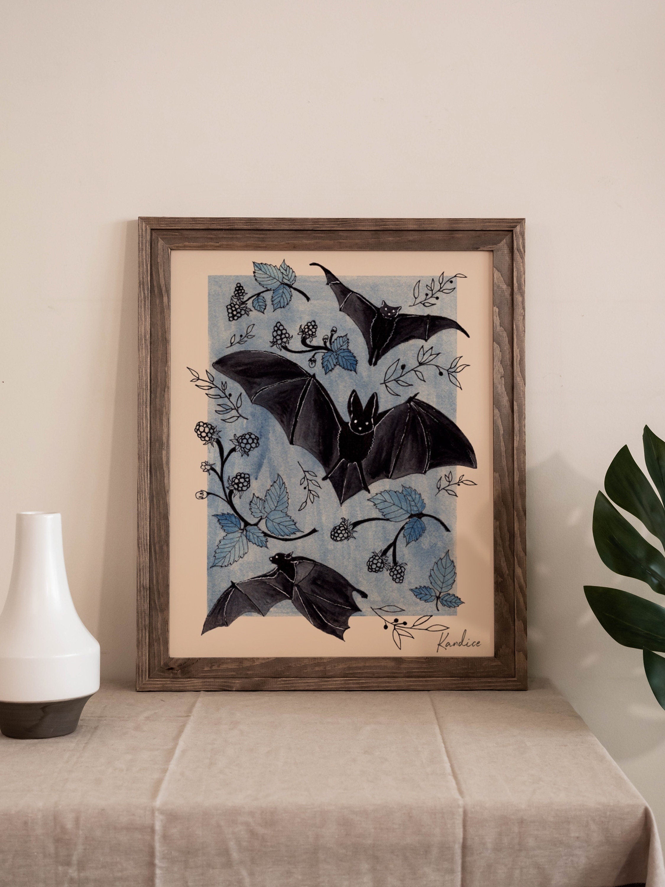 Detail of ink linework and watercolor texture on Blackberry Bats print