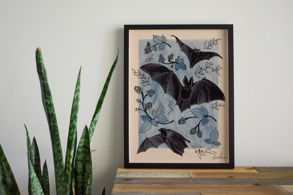 Blackberry Bats art print — watercolor bats among blackberry branches