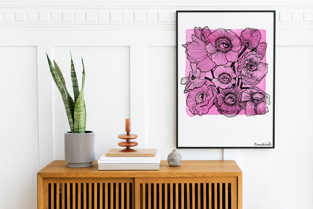 Poppy Eyes Art Print | Surreal Floral Wall Art | Botanical Illustration | Whimsical Nature Decor | U