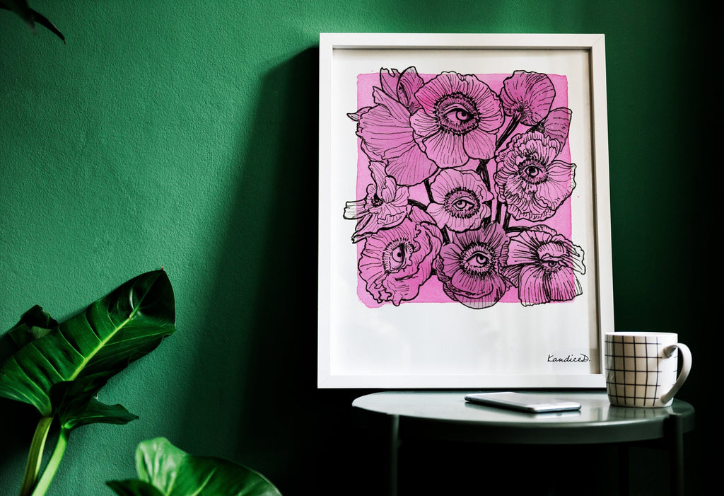 Quiet Witnesses art print — surreal watercolor poppy and eye illustration