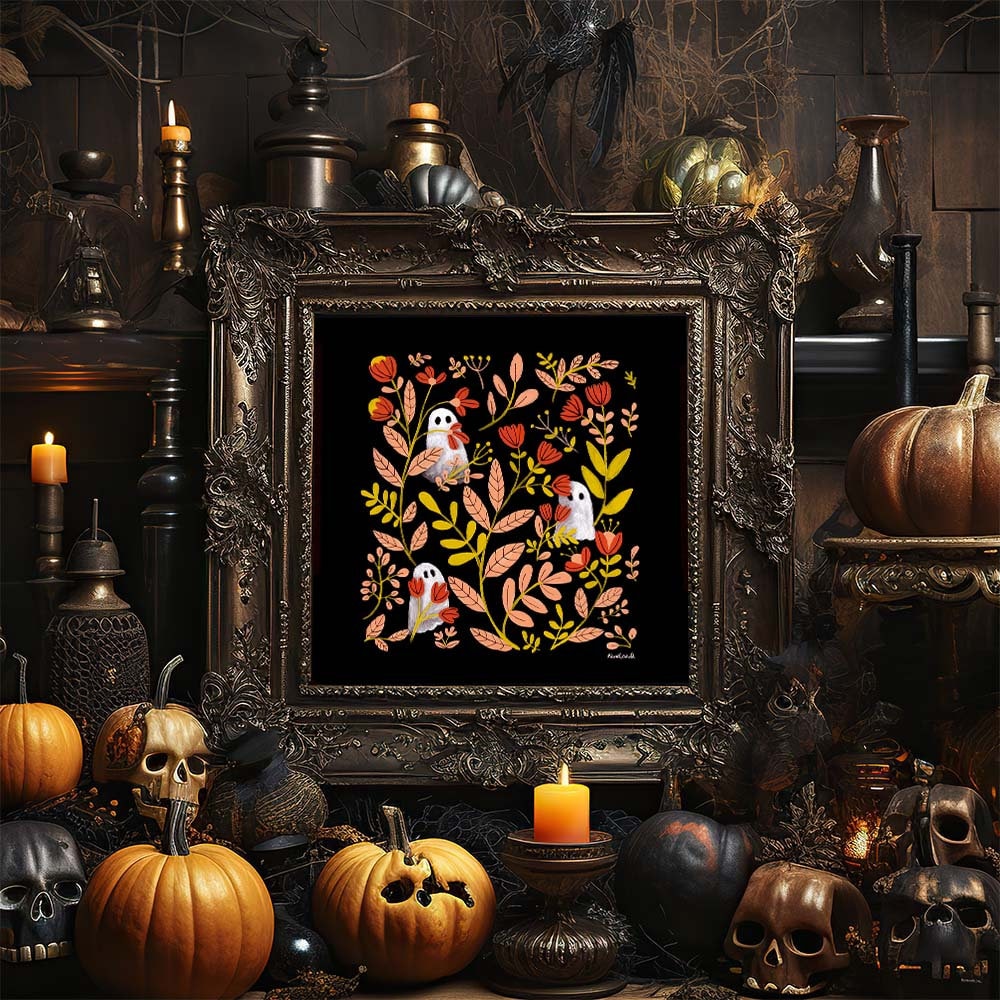 Botanical Ghosts Art Print | Cute Ghost Wall Art | Whimsical Botanical Decor | Halloween Cottagecore