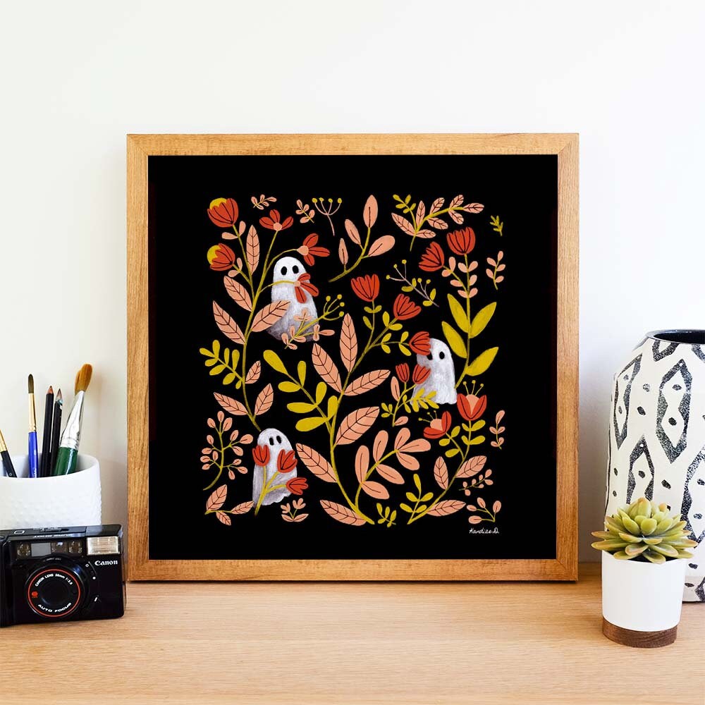 Botanical Ghosts Art Print | Cute Ghost Wall Art | Whimsical Botanical Decor | Halloween Cottagecore