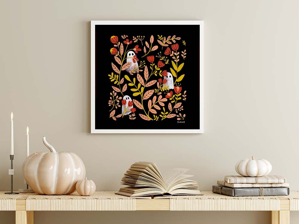 Botanical Ghosts Art Print | Cute Ghost Wall Art | Whimsical Botanical Decor | Halloween Cottagecore